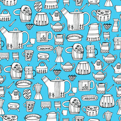 Pattern with Dishes, cups, dishes with a pattern. For preparing drinks and food. Coloring book for children and adults. Isolated on white. For wallpaper, design, textile, poster, design paper. Stock 