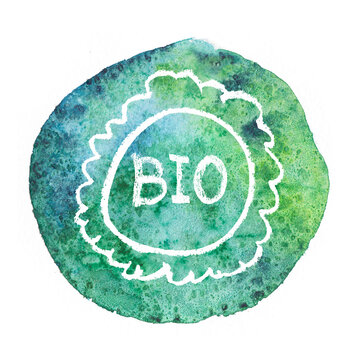 Watercolor green symbol. Organic food badge, Icon of Green Thinking concept. Isolated Bio label. Healthy care emblem. Environmental sign. Recycling symbol with watercolor texture. Eco badge design