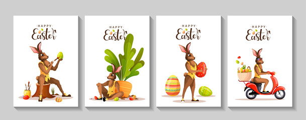 Set of Happy Easter greeting cards with rabbits. Easter bunny, decorated eggs, easter basket delivery. A4 vector illustration for poster, banner, card, postcard.