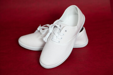 Pair of white sneakers standing on red background