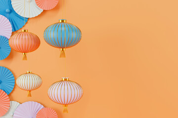3d render colorful pastel Chinese lantern background.
