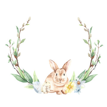 Watercolor easter wreath with cute rabbit, willows, spring greens, flowers, quail eggs