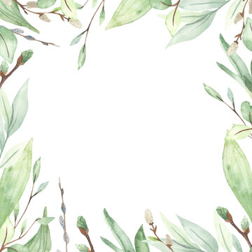 Watercolor square frame with delicate spring greenery, leaves, branches, willows