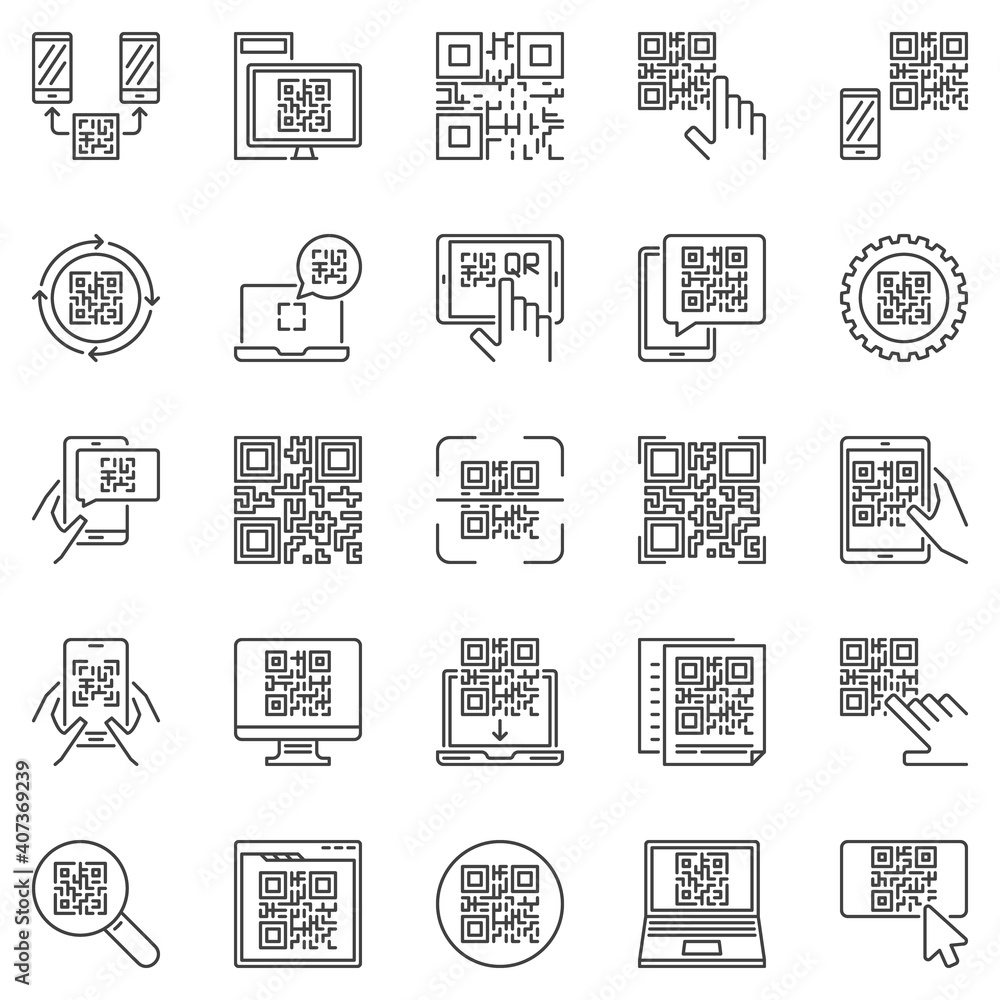 Poster qr code outline vector concept icons set. quick response code scan linear symbols or logo elements