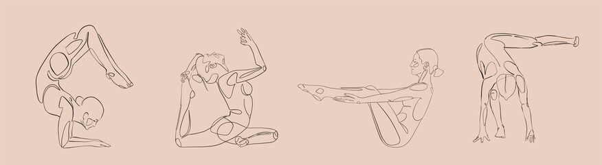 woman yoga pose line illustration set isolation background in beautyful style. Training set.