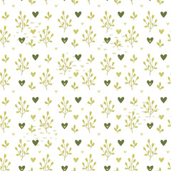 Valentine's day seamless pattern green hearts and leaves. Greeting card or invitation in trendy style. Vector illustration.