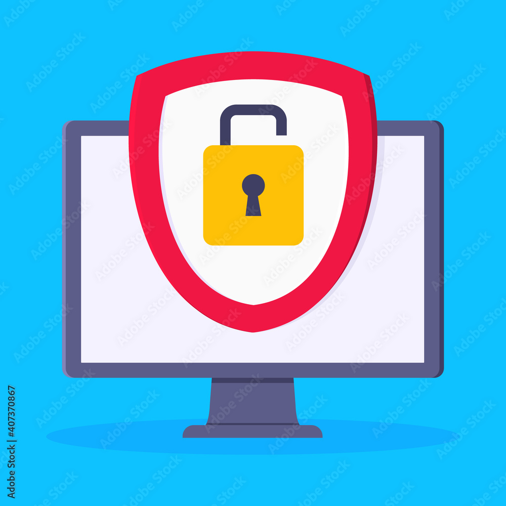 Wall mural privacy policy, safety lock and data protection metaphor. shield with padlock on the computer monito