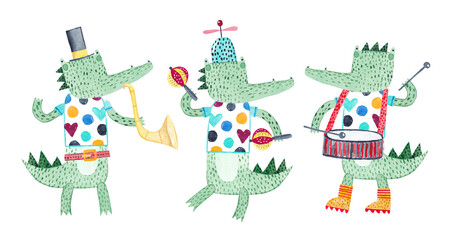 Band of merry musicians alligators. Can be used for shirt design, fashion print design, kids wear, textile design, greeting card. Watercolor illustration.