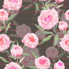 Peony flowers, hearts. Seamless floral pattern for Valentine day, wedding