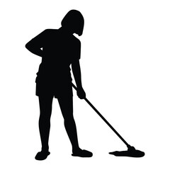 Happy housewife is cleaning the floor with mob silhouette vector on white background