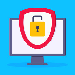 Privacy policy, safety lock and data protection metaphor. Shield with padlock on the computer monitor screen with personal data security protection symbol flat style design vector illustration.