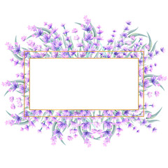 Lavender flowers in a rectangular gold frame. Hand-drawn watercolor illustration. For invitations, greeting cards, prints, posters, advertising.