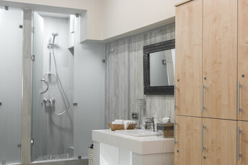 Modern interior of a shower room with a washbasin
