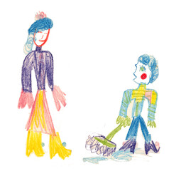 Color pencil children drawing of mother and son in colorful clothes. Winter in yard, walking family. Boy with rake. Raster stock illustration can be used for postcard, interior design, book cover.