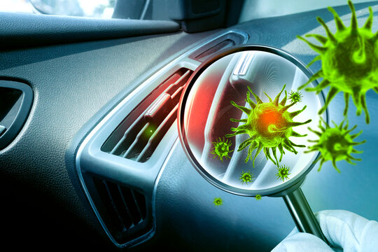 Car ventilation system.3D simulation of viruses inside the air conditioner by showing through a magnifying glass