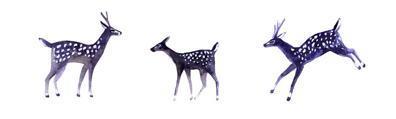 Set of three deer. Violet, purple and blue wild animal family  hand painted watercolor. Christmas decorative elements illustration isolated on white background