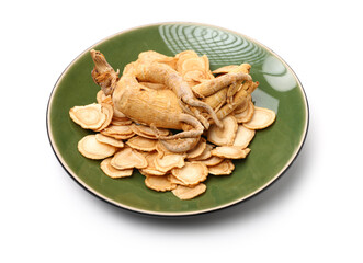 Chinese Herbal medicine - American Ginseng slices (Panax quinquefolius) isolated on white background