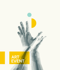 Outstretched empty hands that tosses or catches something. Art event invitation template. 3D vector illustration for advertising, marketing or presentation.