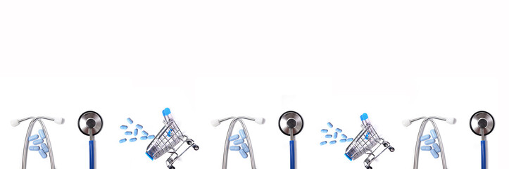 blue stethoscope, Pills spilled from trolley in supermarket, Pharmacy shopping concept isolated on white background