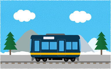 冬、山沿いを走る電車のベクターイラスト