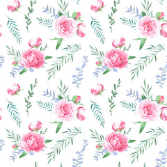 Hand drawn watercolor peony floral pattern. Watercolor pink peony flowers