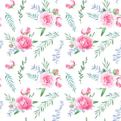 Hand drawn watercolor peony floral pattern. Watercolor pink peony flowers