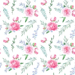 Rolgordijnen Hand drawn watercolor peony floral pattern. Watercolor pink peony flowers © sovaka