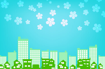 桜の花びらと都会の背景