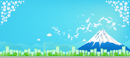 街並みと桜と富士山と青空
