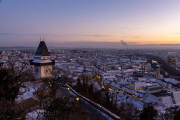 Naklejka premium Graz, Austria - January 11, 2021: Sunset in the winter