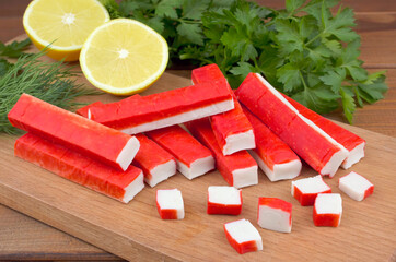 Delicious crab sticks prepared for eating.
