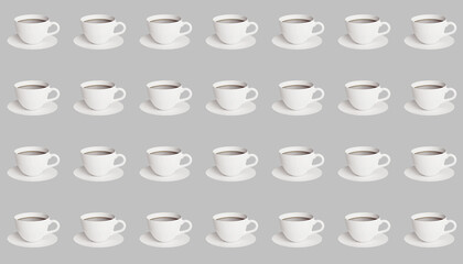 Fototapeta na wymiar Seamless 3D coffee cups pattern at grey pastel background. Vector, illustration pattern.