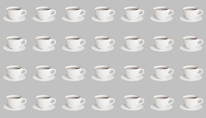 Seamless 3D coffee cups pattern at grey pastel background. Vector, illustration pattern.