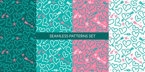 Graffiti Style Abstract Colorful Hearts Seamless Pattern Set. Vector Illustration Background Art For Happy Valentines Day Or Wedding