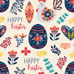 Easter seamless pattern with egg, floral elements, chicken and happy easter text. Hand drawn Scandinavian style vector illustration perfect for textile, fabric or wrapping paper.