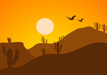 Fototapeta na wymiar Desert Landscape with Cactus, Hills and Mountains Silhouettes. Vector Nature Horizontal Background