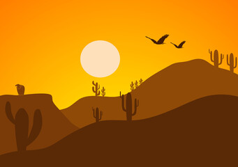 Desert Landscape with Cactus, Hills and Mountains Silhouettes. Vector Nature Horizontal Background