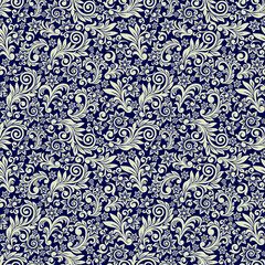 Seamless blue background with beige pattern in baroque style. Vector retro illustration. Ideal for printing on fabric or paper for wallpapers, textile, wrapping.