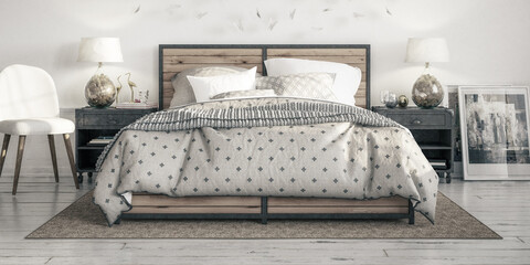 Cosy Bedroom Arrangement - panoramic black and white 3D Visualization