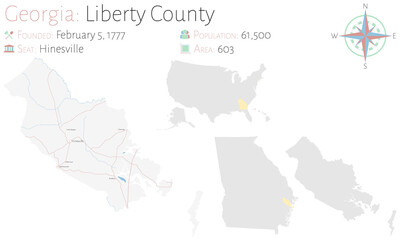 Fototapeta na wymiar Large and detailed map of Liberty county in Georgia, USA.