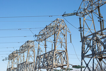 High Voltage electric Pole, wiring electric power on steel tower. Electric Power Transmission Infrastructure, Highest voltage transmission. Electric wires.