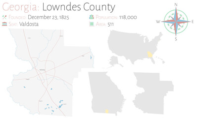 Obraz premium Large and detailed map of Lowndes county in Georgia, USA.