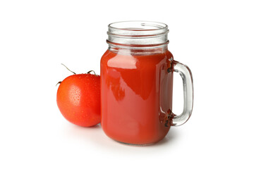 Glass jar of tomato juice and tomato isolated on white background