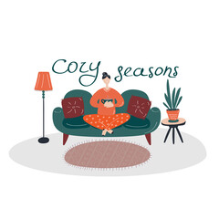 Young girl is sitting on sofa in her pajamas. Cozy illustration. Quarantine concept. Staying at home, taking care of your health, self-isolation. Coronavirus pandemic, covid-19