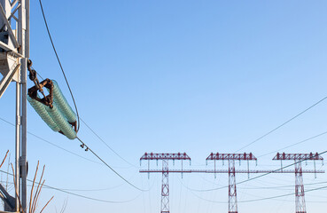 High Voltage electric Pole, wiring electric power on steel tower. Electric Power Transmission...