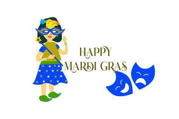 mardi gras carnival party design with cartoon colorful girl with  mask . Fat tuesday, carnival, festival. For greeting card, banner, gift packaging, poster. 
