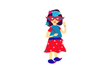 mardi gras carnival party design with cartoon colorful girl with  mask . Fat tuesday, carnival, festival. For greeting card, banner, gift packaging, poster. 
