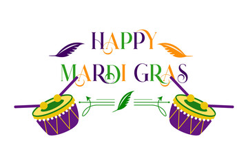 mardi gras carnival party design with cartoon colorful drums with sticks . Fat tuesday, carnival, festival. Vector isolated on white background. For greeting card, banner, gift packaging, poster. 
