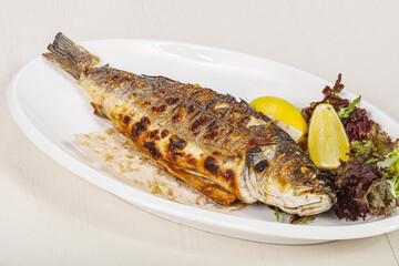Grilled seabass fish served lemon