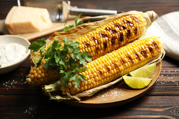 Delicious grilled corn cobs on wooden table
